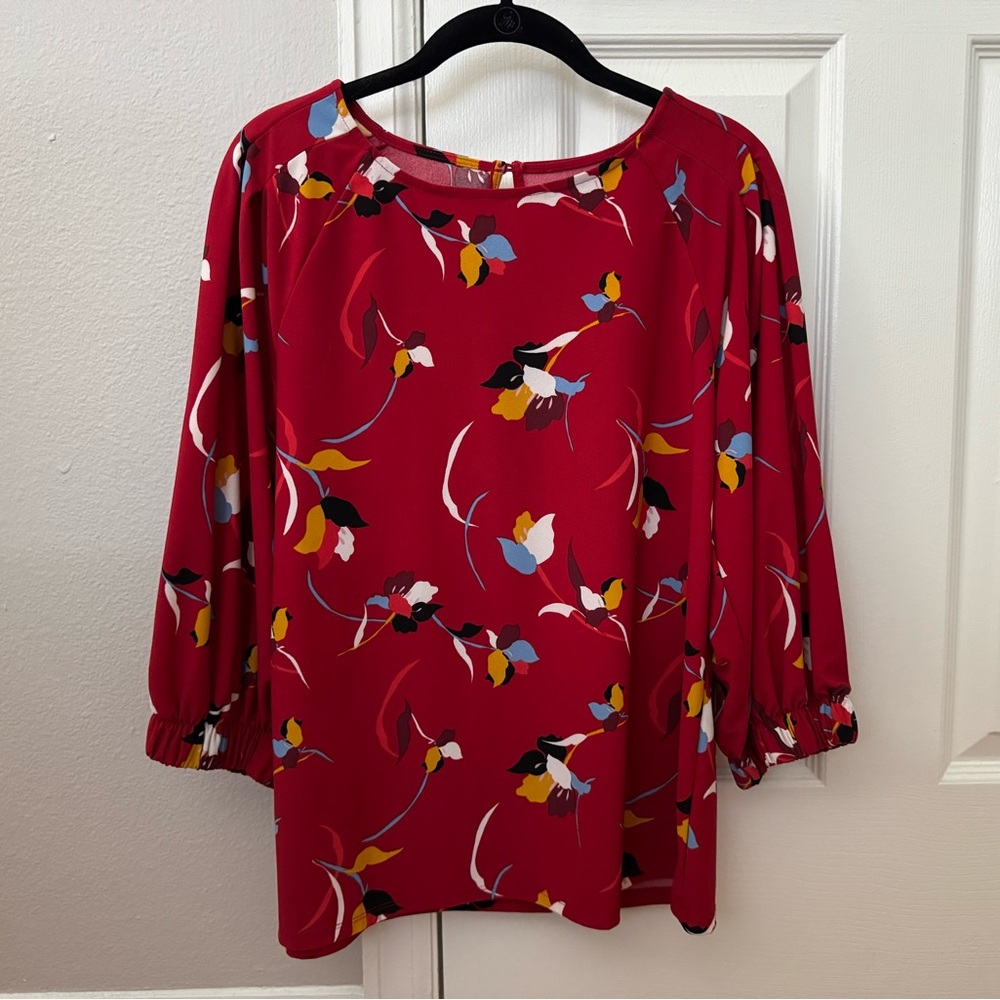 Halogen Floral Three Quarter Sleeve Crew Neck Dress Work Top Blouse S Red